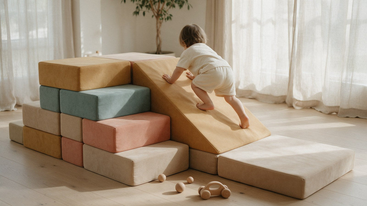 A toddler climbing a mustard wedge ramp on a stepped course of beige, teal, pink and mustard play cushions in a sunlit playroom