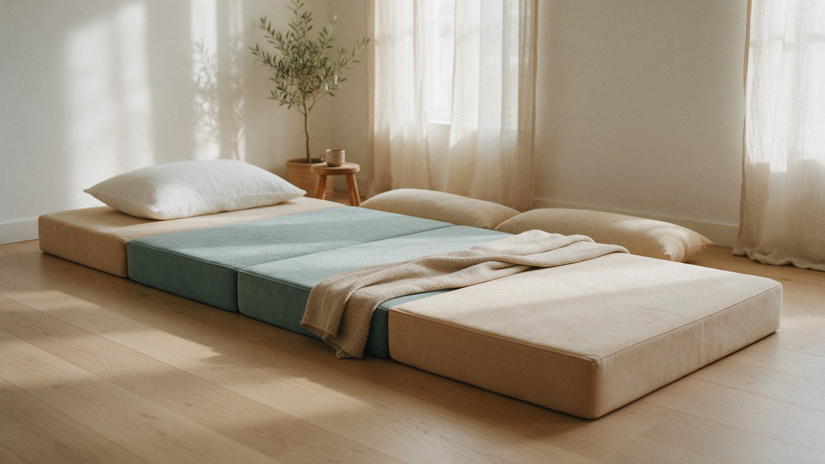 Four large play cushions in warm beige and muted teal laid end to end on a light oak floor as a single floor bed, with a white linen pillow and a knitted throw