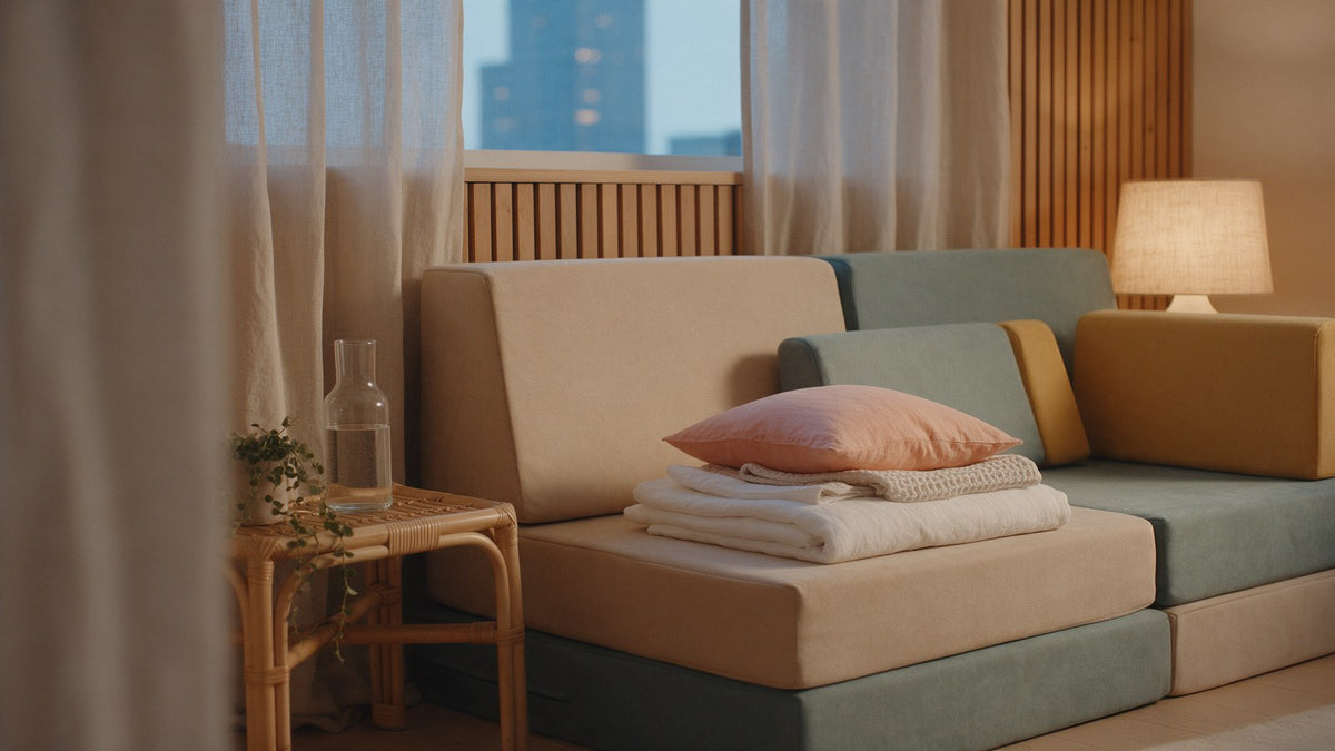 Beige, teal and mustard play cushions set up as a low sofa in a condo living room at dusk, with folded bedding and a pillow ready for a guest beside a rattan side table