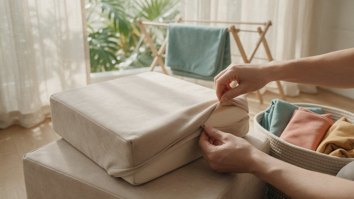 Hands zipping a clean beige cover back onto a play cushion, with folded teal, pink and mustard covers in a basket and a teal cover airing on a rack by the window
