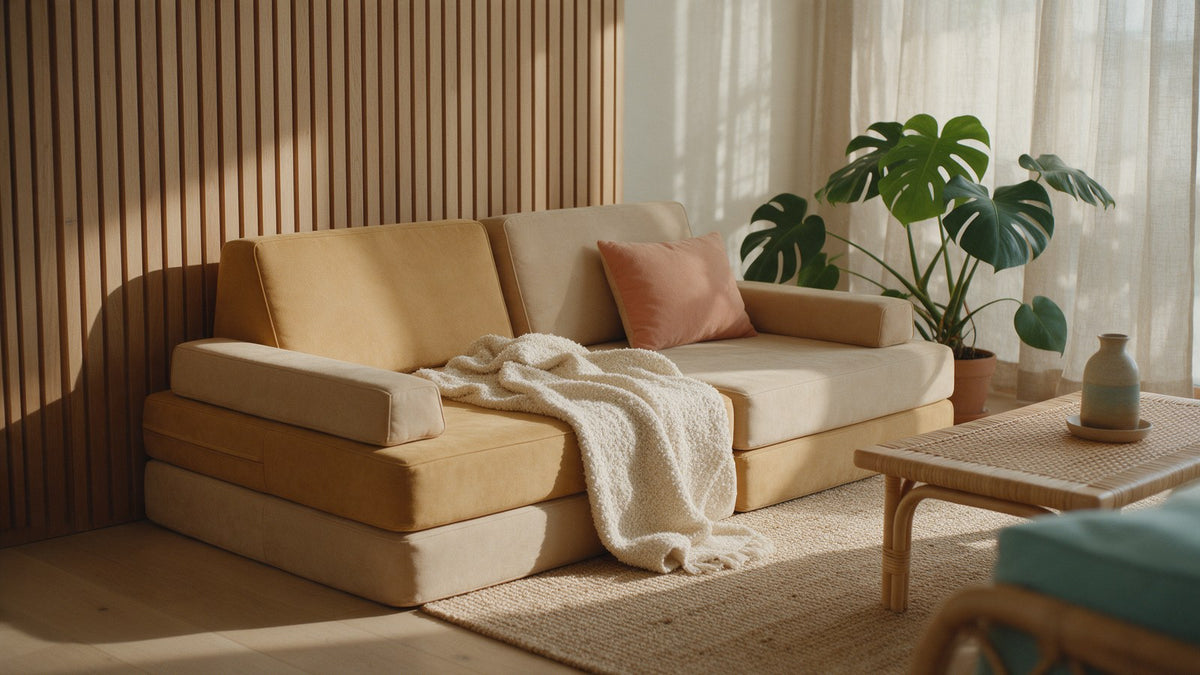 Mustard and beige play cushions arranged as a low sofa against a timber slat wall, with a cream throw, a monstera plant and a rattan coffee table