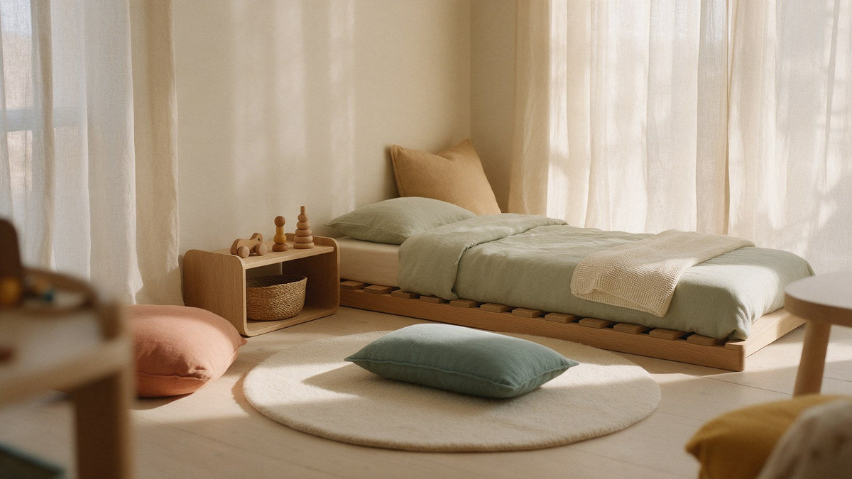 A toddler's Montessori floor bed in sage linen on a low oak slatted base, beside a low shelf with wooden toys and a round cream rug