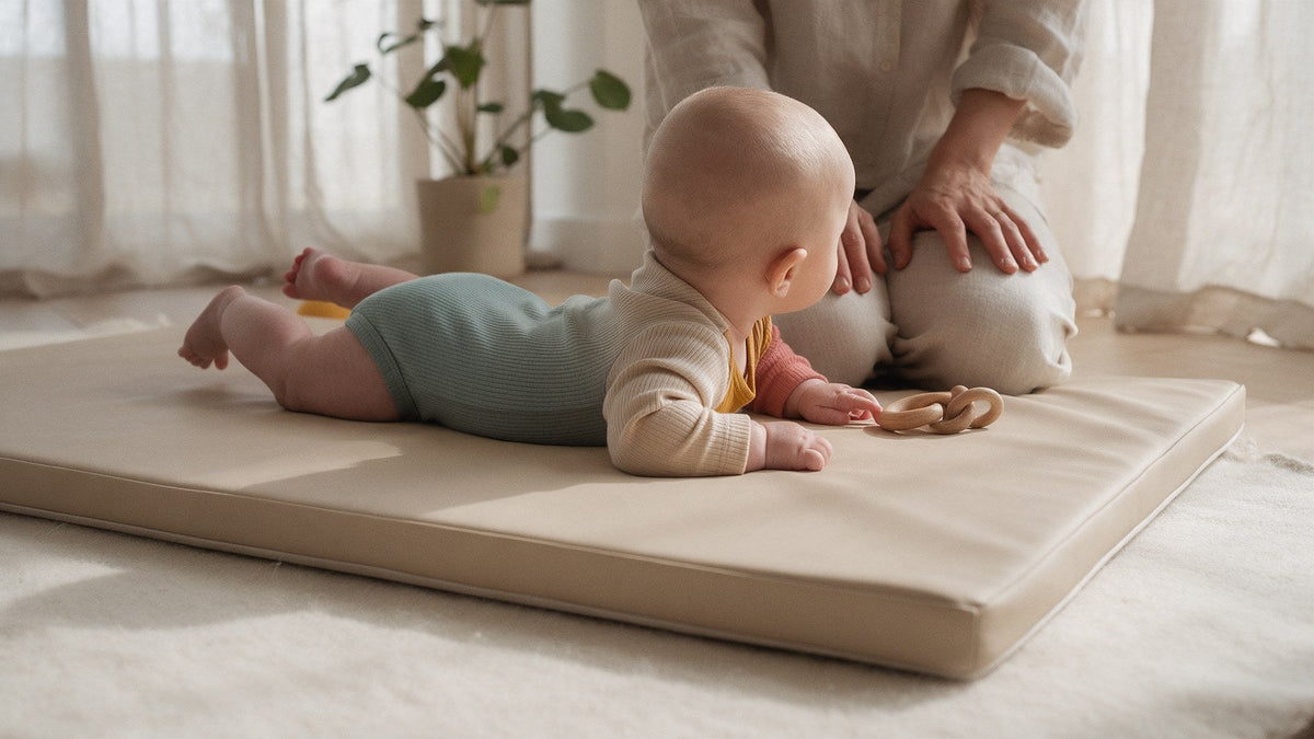 A baby doing tummy time on a beige play mat, head lifted towards a wooden teething ring, with a parent kneeling close beside