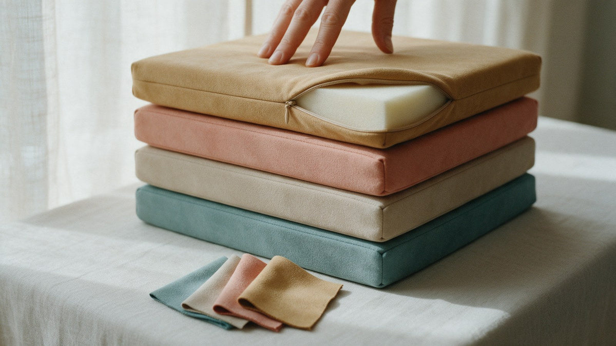 A stack of mustard, pink, beige and teal play cushions, one cover partly unzipped to show the foam inside, with four matching fabric swatches